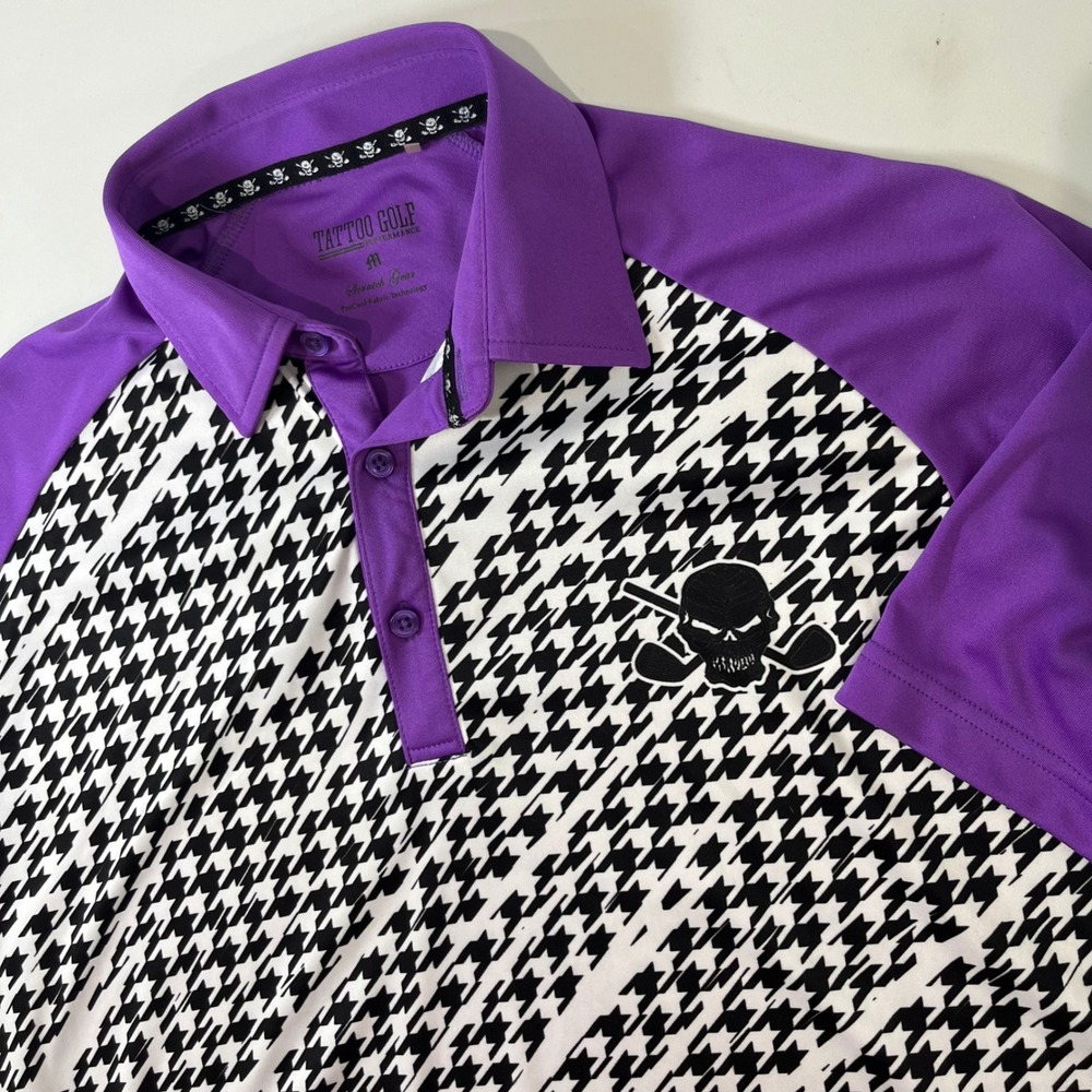 Tattoo Golf Performance Polo Mens Size M Purple Houndstooth Skull Golfing Edgy‎